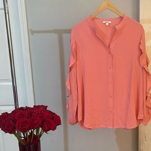 Bar III Coral Button-Up Blouse with Ruffled Sleeves